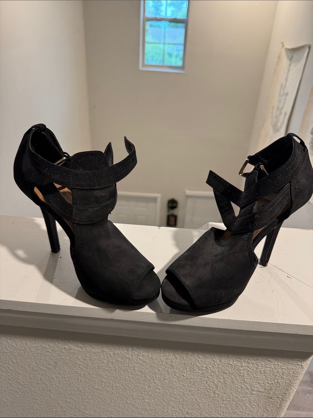 AMO Black Suede Strappy Peep-Toe Heels with Gold Buckle